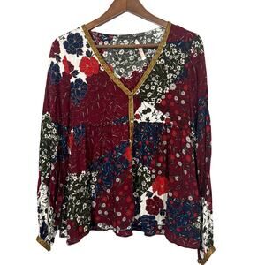 Zara Trafulac Peasant Top Blouse Long Sleeve Floral V Neck - M